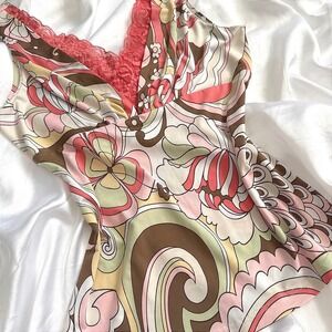 Papaya Retro Psychedelic Floral Lace Trim V-Neck Empire Waist Top Pink Medium